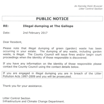 DLRCC notice illegal waste dumping in Gallops estate