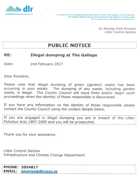 DLRCC notice illegal waste dumping in Gallops estate